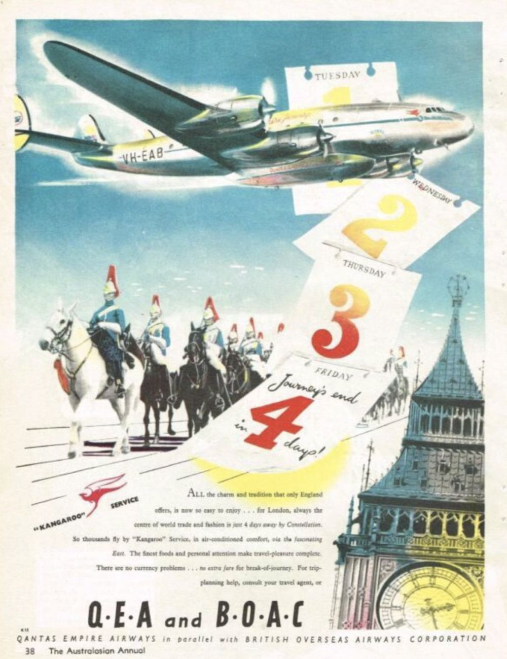 Reklama leteckého spojení Austrálie a Velké Británie z roku 1948