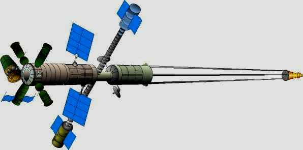 MKBS s centrálním modulem s umělou gravitací a s jaderným energetickým zdrojem a iontovými motorky na špici příhradové konstrukce / Obrázek Mark Wade